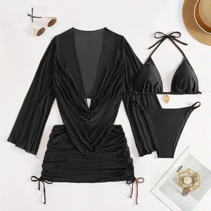 Traje de Baño Sexy con Logo Personalizado <span class=keywords><strong>en</strong></span> Color Marrón y Negro, Traje de Baño de Tres Piezas con <span class=keywords><strong>Tanga</strong></span> de Anillo y Corte Alto para Mujer, Traje de Baño para Chicas Gorditas - Product Image 4