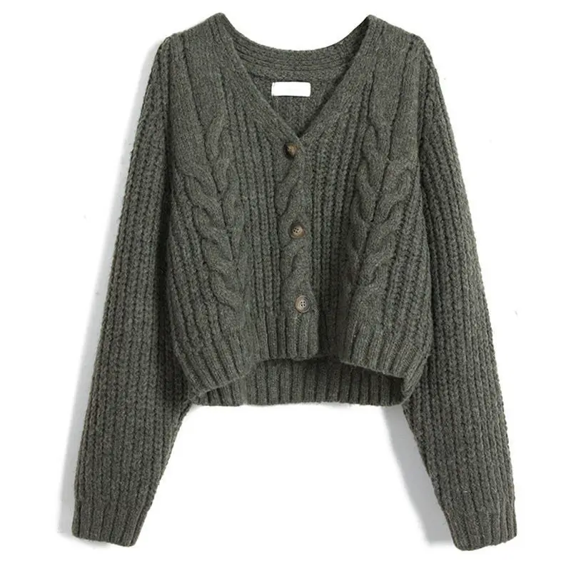 All'inizio dell'autunno nuovo cappotto corto a maglia con scollo a V piccolo cardigan a maniche lunghe in maglia tinta unita