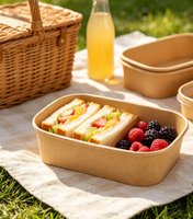 Boîte à lunch rectangulaire arrondie en papier kraft, emballage jetable imperméable pour les voyages, la randonnée, la préparation des repas en plein air