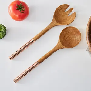 Custom Natural Acacia Wood Metal Handle Utensils Spoon And Fork Salad Servers Set