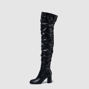 Ruffle Pleated PU Leather Over the Knee Boots Long Boots Thick <b>Block</b> High Heel Botas De Mujer Autumn Winter Boots 35-42 - Product Image 5