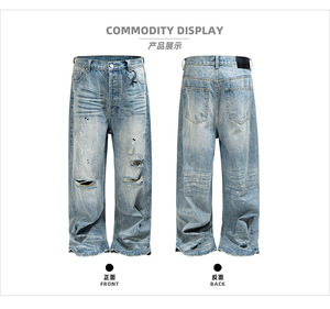 Jeans Streetwear di Alta Qualità Personalizzati, Effetto Sbiadito e Lavaggio Acido, Jeans Baggy Y2k Blu Chiaro Distressed per <span class=keywords><strong>Uomo</strong></span> - Product Image 4