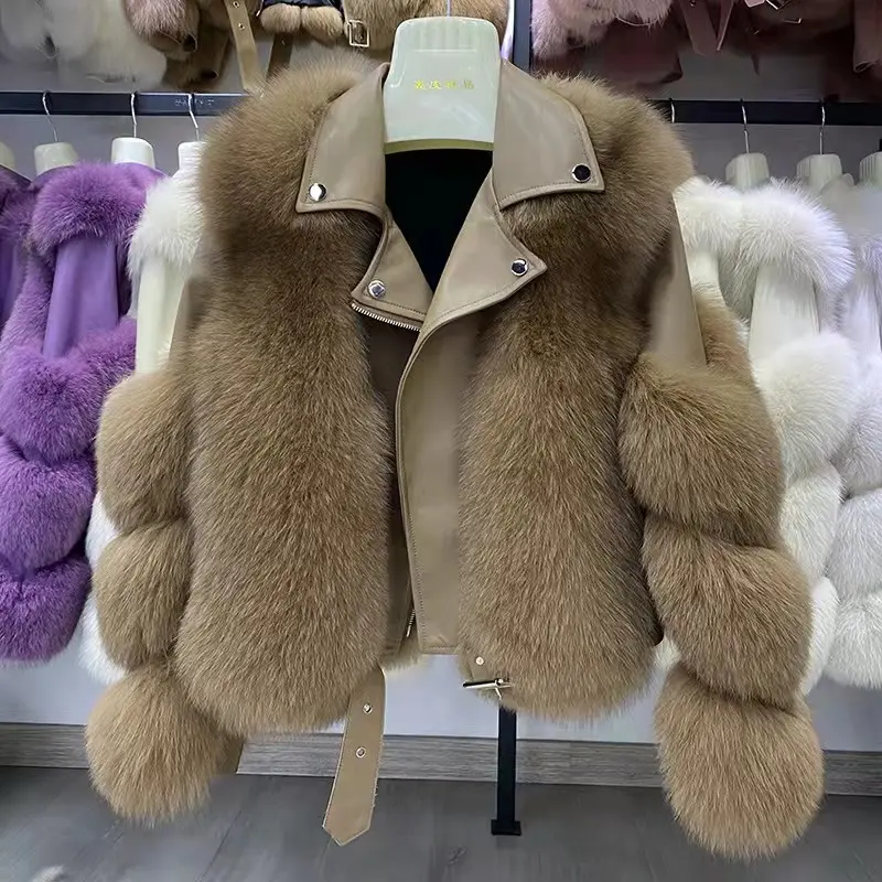 New Arrival Full Pelt Genuine Sheepskin Leather Fur Jacket Real Fox Fur Coat for Women