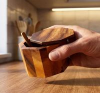 Boîte à sel octogonale en bois d'acacia faite à la main avec 2 compartiments, couvercle et cuillère pour la cuisine, la table à manger, la cuisson, cadeau