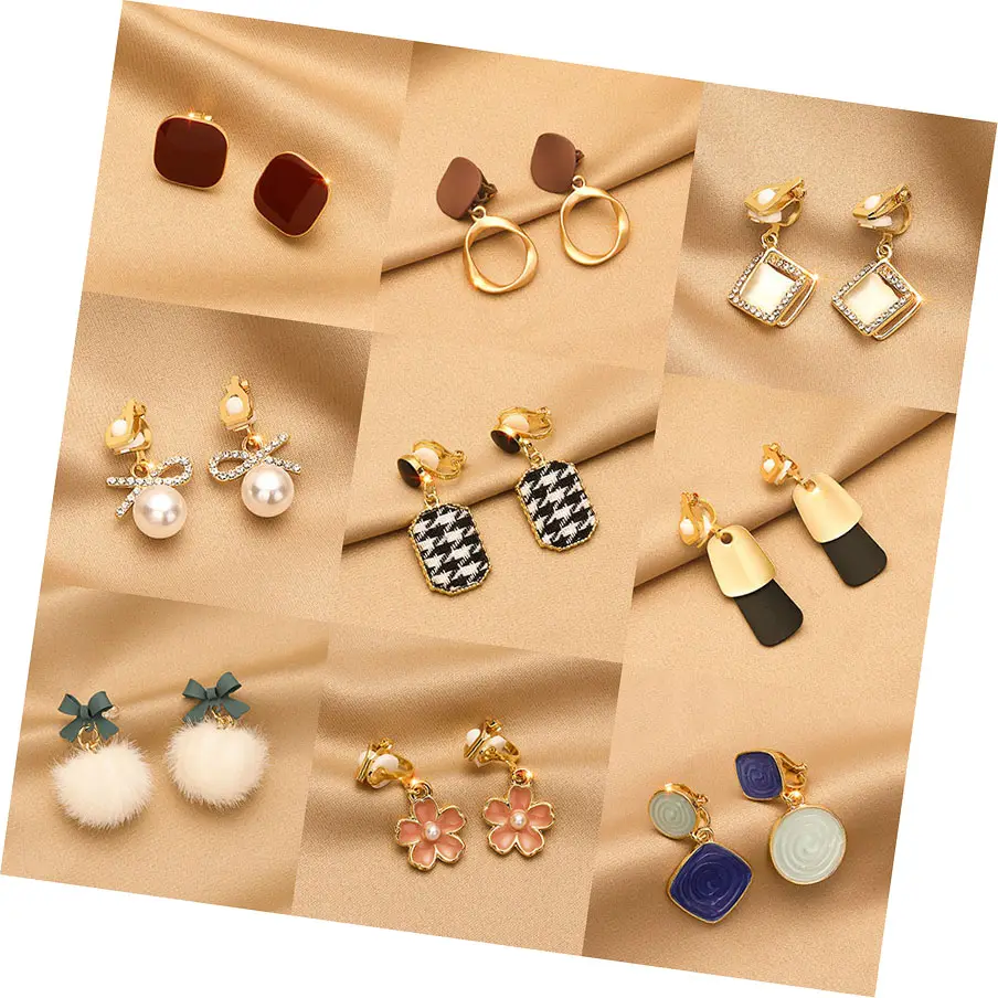 Clip Earrings Without Piercing Vintage Pearl Flower Pompon Heart Clip On Earrings Non Pierced For Women