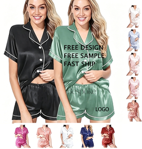 Pijamas de Seda Satin com Logo Personalizado para Mulheres, Conjunto de Duas Peças com Manga Curta, Roupa de Dormir com Botão para Uso Diário em Casa - Product Image 1
