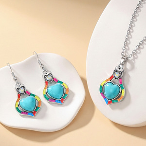 Conjunto de collar y aretes con forma de corazón, aleación plateada, estilo bohemio, joyería para mujer, conjuntos de moda para fiestas con incrustaciones de turquesa - Product Image 1