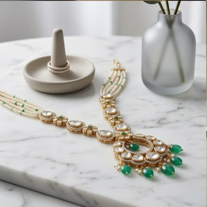 Elegant 925 Silver Pearl <b>Emerald</b> Necklace Set Traditional Ethnic Bridal Jewelry Handmade Designer <b>Pendant</b> - Product Image 6