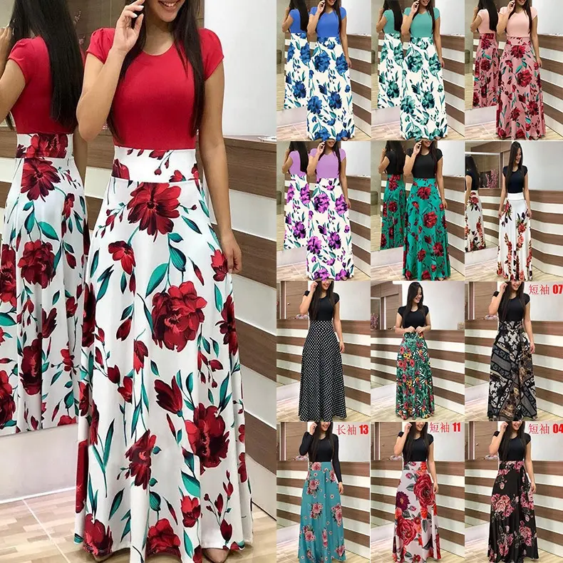 2023 New European-American Style Large Swing Long Dress Digital Print Color Matching Long/Short Sleeve Dress