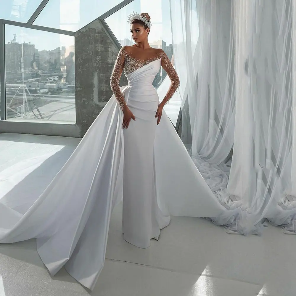 Mumuleo moderno frisada cetim vestido de noiva com trem destacável mangas compridas Vestidos de noiva Branco Noiva Vestidos Vestido De Novia