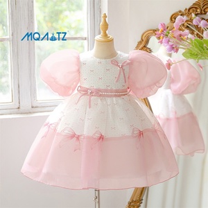 Vestido de Tul con Mangas Cortas Abullonadas y Estampado de Lazo Rosa y Blanco, Decorado con Perlas, Vestido de Princesa para <span class=keywords><strong>Niñas</strong></span>, Cumpleaños, Bodas, Damas de Honor - Product Image 3