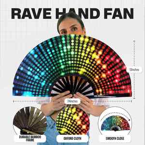 Éventail pliant en bambou de 13 pouces avec motifs de points lumineux arc-en-ciel, grand éventail à main coloré pour festivals et soirées - Product Image 4