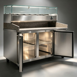 Commercial Grade Chilled Prep Desk Featuring Sturdy Granite Workbench And Transparent Glass Top <b>Cover</b> For Food Shop - Product Image 1