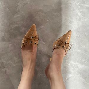 2023 nouveau Style daim nœud <span class=keywords><strong>creux</strong></span> pointu talons hauts sandales <span class=keywords><strong>pour</strong></span> femmes bride à la <span class=keywords><strong>cheville</strong></span> glisser Mules-<span class=keywords><strong>pour</strong></span> l'été - Product Image 3