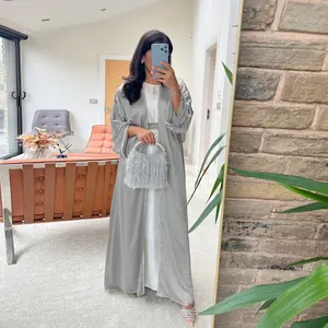 Abaya Dubai lengan panjang Set warna Solid Satin sutra polos berlian bersinar Abaya terbuka dengan setelan dalam gaun luar wanita