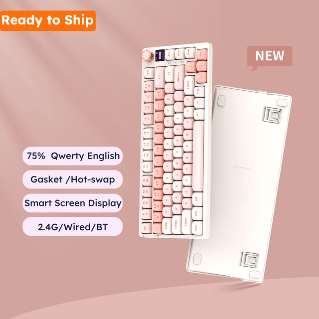 75% Layout with Knob Hot Swap Gasket Custom Structure Pre-lubed Switches RGB Backlit Smart Screen Mixed Piink Gaming Keyboard