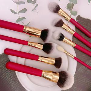Ensemble de 8 pinceaux de maquillage rouges, poils synthétiques vegan, pinceau de contour, pinceau de fond de teint, pinceau de beauté pour le visage, pour l'application du maquillage - Product Image 1
