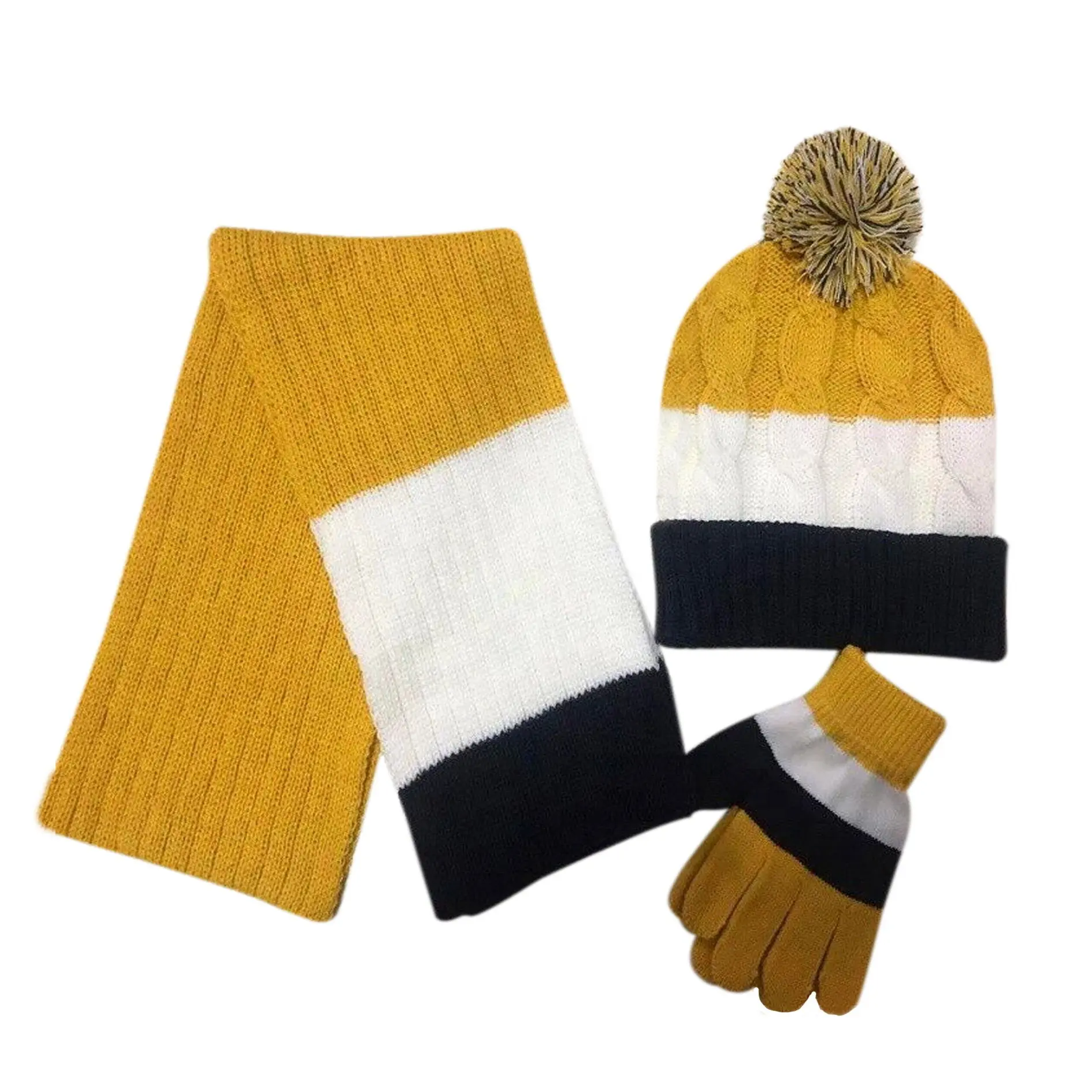 Custom Wholesale Children Boys Girls Kids Acrylic Winter Knitted Pom Pom Hat Beanie Gloves and Scarf Set