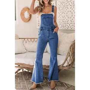High Quality Adjustable Buckle Strap Flare Leg Woman Denim Jean Overalls for Women