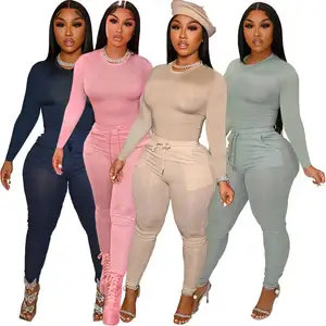 Lente 2024 Dames Kleding 2 Delige Outfits Broek Lange Mouw Slim Fit Trainingspak Set Ronde Hals Joggingpakken