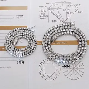 도매 고품질 925 스털링 실버 힙합 랩 다이아몬드 3MM 4MM Moissanite 목걸이 테니스 체인