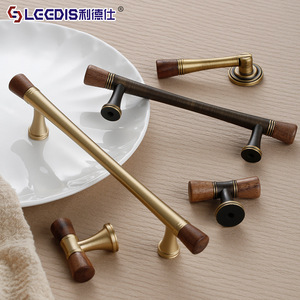 Lgedis Brass <b>Cabinet</b> Handle Walnut Wood Bar Vintage Style Wardrobe Drawer Single Hole Retro Furniture Hardware - Product Image 2