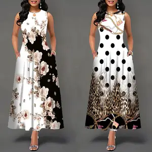 Dress Vintage wanita, Gaun ukuran Plus Midi elegan tanpa lengan musim panas besar cetak bunga longgar