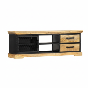 Support de téléviseur industriel moderne en bois de manguier massif avec deux tiroirs de rangement Unité multimédia en bois pour la maison salon ferme appartement - Product Image 1