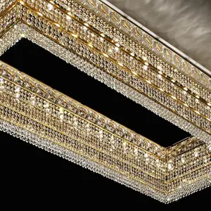 Luminária de teto de cristal do retângulo grande do casamento do hotel do restaurante do ouro com moldura de ouro