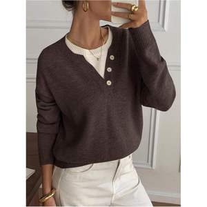 Pull tricoté personnalisé pour femme, col en V boutonné, manches longues, coupe oversize, décontracté, couleur contrastante, anti-boulochage - Product Image 2