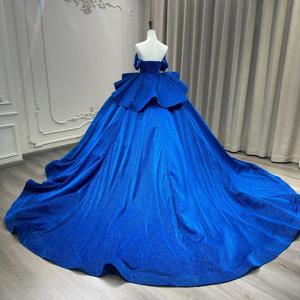 Royal Blue Off The Shoulder Ball Gown Empire Waist Beaded Evening Dress For Women - Product Image 2