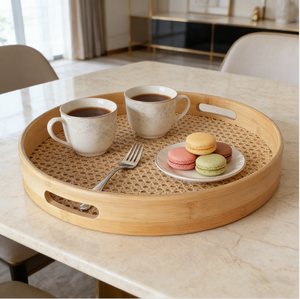 Bandeja Redonda para Servir, Hecha a Mano, de Bambú y Ratán Tejido, con Asas, para Mesa de Centro, Cocina, Decoración del Hogar, Desayuno, Comida y Bebidas - Product Image 3