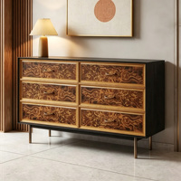 Commode à six tiroirs en bois massif de style médiéval, commode de chambre à six tiroirs, armoire de rangement vintage, table d'appoint en placage de ronce, meuble TV