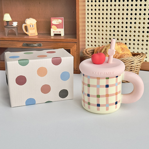 Creative pink Milk Coffee Cup Cute apple Mug Ceramic Water Mug with Straw - Product Image 6