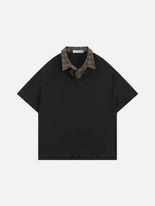 Polo à manches courtes pour homme, noir, avec col à carreaux, style décontracté, tissu en coton Oxford - Product Image 1