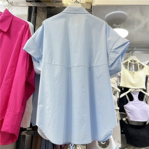 Nuova <span class=keywords><strong>Camicetta</strong></span> Elegante da Donna 2026, Manica Corta Blu con Perle e Paillettes, Patch Triangolare, Maniche a Sbuffo, Stile Casual - Product Image 5