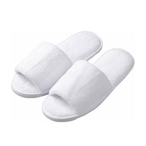 Chaussons d'hôtel jetables personnalisés 5 étoiles à bout ouvert en polaire corail blanche lavable, semelle EVA de luxe de 5 mm d'épaisseur pour chambre d'hôtes - Product Image 1