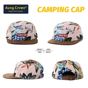 Casquette de <span class=keywords><strong>camping</strong></span> en daim à 5 panneaux avec motif floral tropical personnalisé, visière plate et patch brodé - Product Image 2