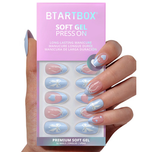 Faux ongles courts en amande avec colle, vente en gros, en gel souple, motif nœud mignon, bleu French, faits à la main, à presser - Product Image 1