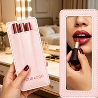 Étui à rouge à lèvres en cuir PU élégant de luxe OEM avec miroir intégré, étui à crayon à lèvres, pochette pour gloss à lèvres avec miroir à l'intérieur