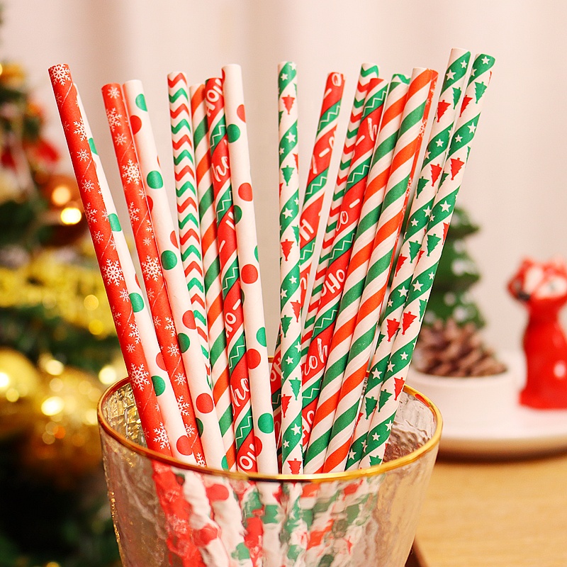XMAS Bar Accessories Eco Friendly Paper Straw Colorful Disposable Straws Set Christmas Party Color Biodegradable Drinking Straw