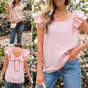 เสื้อเบลาส์ผู้หญิงสไตล์ลำลองสำหรับฤดูร้อน ดีไซน์ทันสมัย ผ้าถักเนื้อสัมผัสพิเศษ แต่งโบว์ผูกโบว์ แขนระบายแบบปีกผีเสื้อ สินค้ามาใหม่ ขายส่ง - Product Image 2
