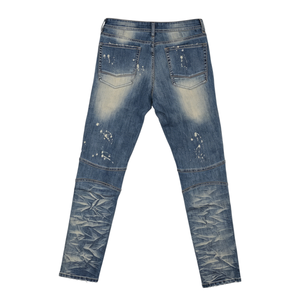 Vaqueros ajustados de hombre estilo motero, azul vintage lavado, con cremallera frontal, bolsillos, efecto salpicaduras de tinta, rodillas rasgadas, textura arrugada, corte slim, estilo urbano. - Product Image 4