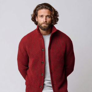 Burgundy Ribbed Button Cardigan <strong>Men</strong> High Stand Collar Winter Warm Knit Sweater <strong>Coat</strong> - Product Image 2