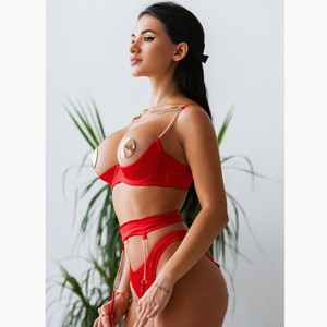 Conjunto de Lencería Sexy de 4 Piezas con Sujetador Push-Up Transparente con Detalle de Cadena, Estilo Francés Elegante, Semi-Exhibidor, Color Rojo - Product Image 5