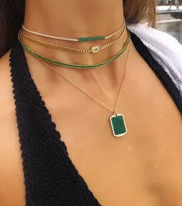 Rechthoek Zirconia Regenboog Groene Cz 30 + 10Cm Choker Bruiloft Ketting