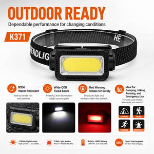 Lampe frontale <span class=keywords><strong>LED</strong></span> <span class=keywords><strong>COB</strong></span> K371 étanche, rechargeable par USB, IPX4, lumière rouge, 1200 mAh, batterie lithium-ion portable, <span class=keywords><strong>bandeau</strong></span> réglable - Product Image 6
