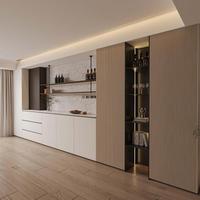 Buffet intégré minimaliste italien avec casier à vin dissimulé, surface résistante aux UV pour villa de luxe, espace de repas ouvert