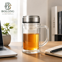 Bouteille en verre à double paroi cylindrique de 350 ml (11,8 oz) avec infuseur et couvercle en acier inoxydable, réutilisable, personnalisable avec logo, vente en gros (100 pièces)