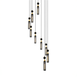 Lustre suspendu industriel moderne à 9 lumières, noir et or, avec abat-jour cylindriques en maille réglables, pour salon - Product Image 1